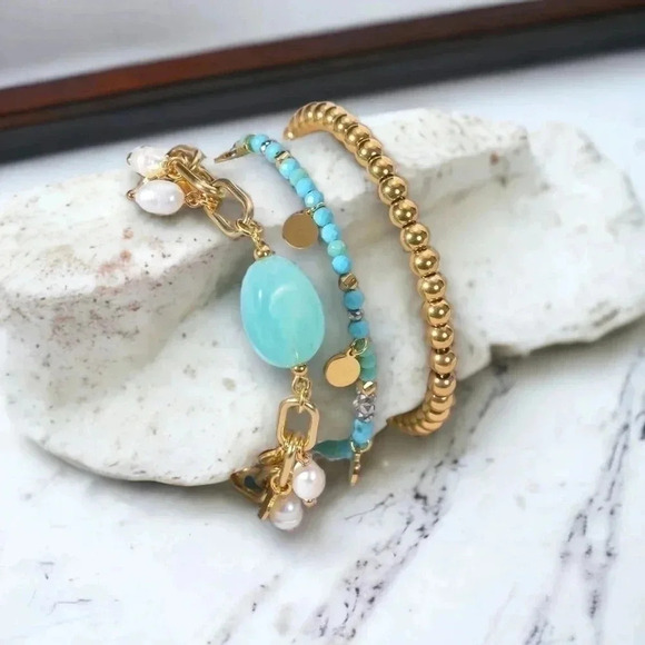 🆕️18K Gold Plated Stainless Steel Bracelet Set: Jade & Freshwater Pearls 🌟 - Picture 10 of 12